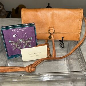 Lucky Brand Brown Leather Crossbody Wallet & Butterfly Silver/Turquoise Earrings